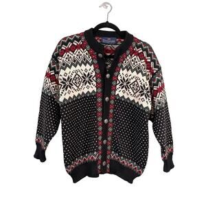 Vintage Nordstrikk Cardigan Mens Small Black Wool Fair Isle Long Sleeve Sweater
